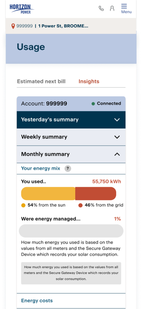 MyAccount screen showing energy management